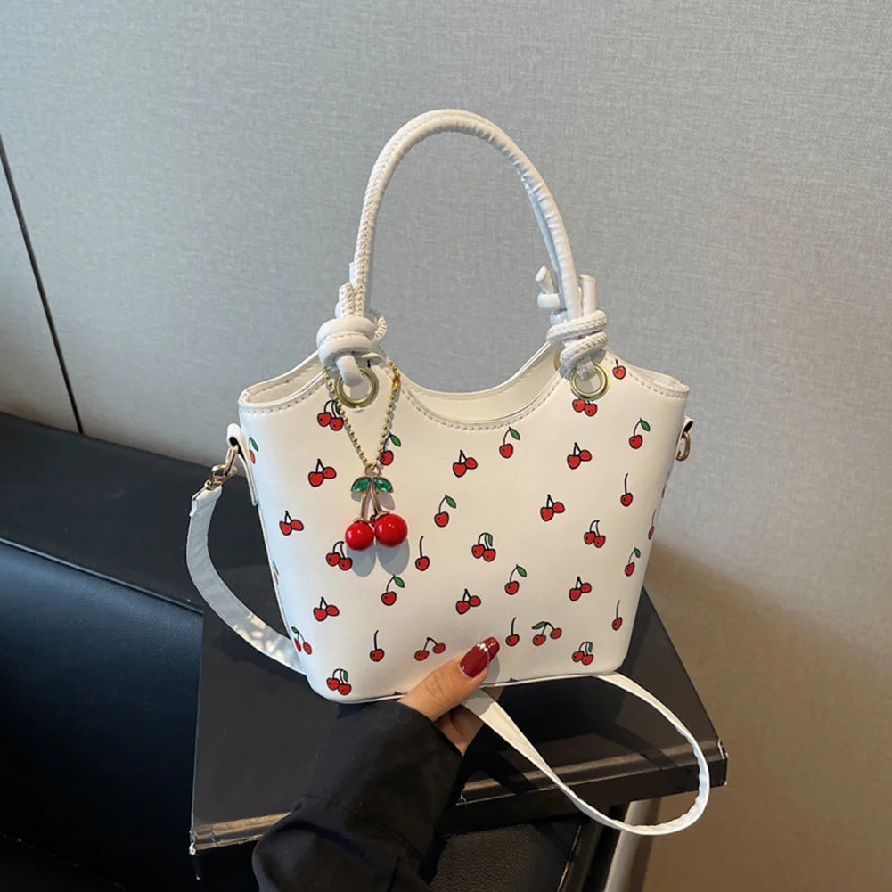 PU Leather Bucket Cherry Printed Crossbody Bag for Women Trendy Top-handle Bag Stylish Small Tote Handbag with Adjustable Strap