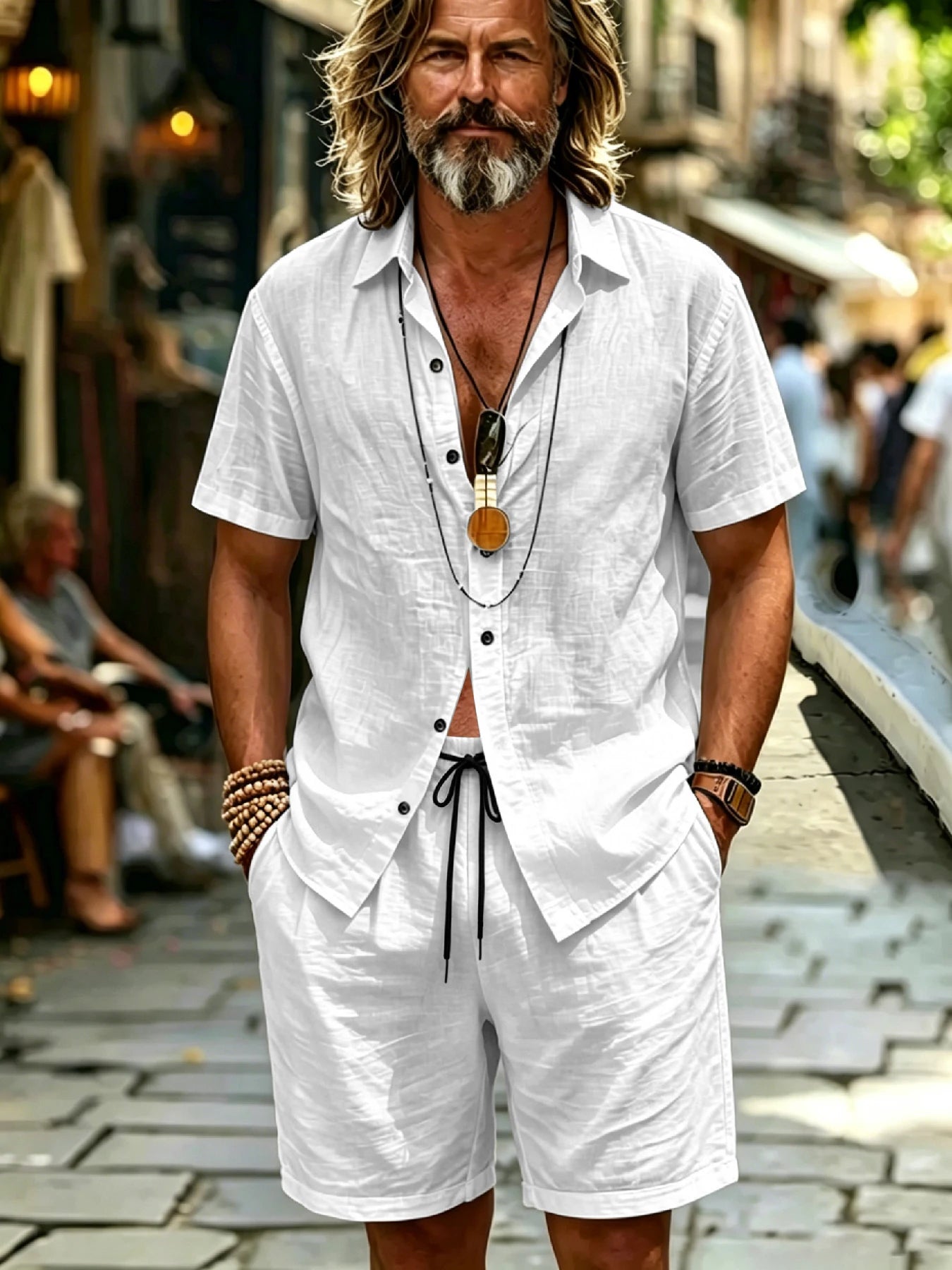 Men's Island Vacation Textured Shirt & Shorts Set, Lapel Button Down, Drawstring Waist, Breathable Fabric for Beach Travel & Cit