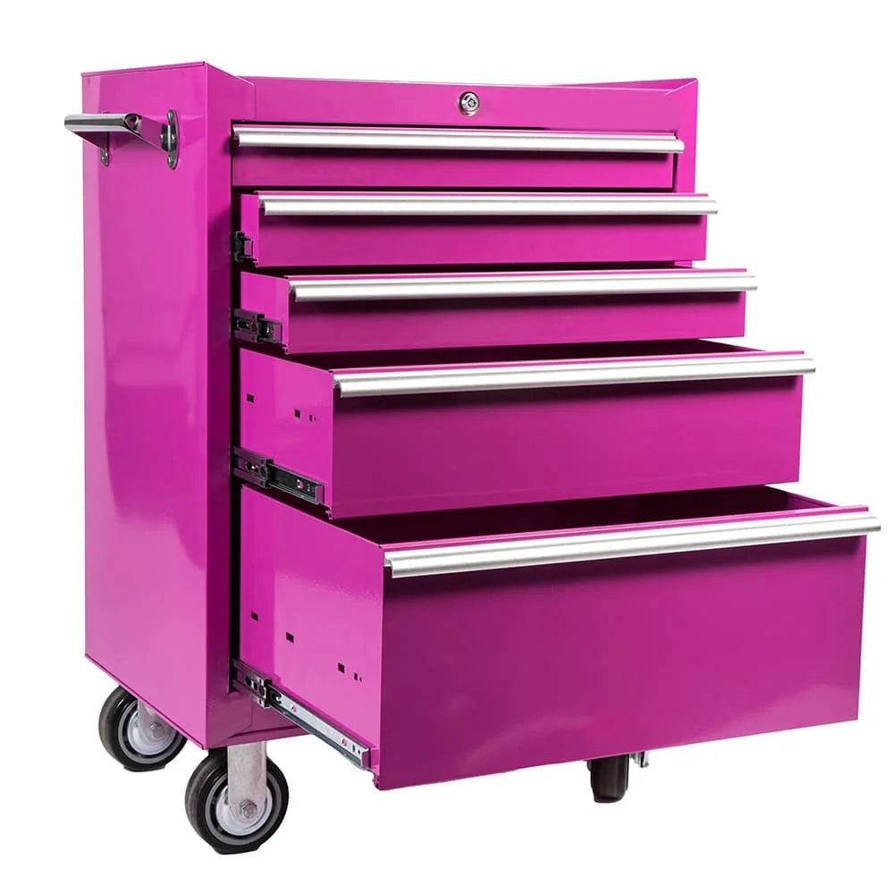 Pink Mobile 5-Drawer Mechanic Tool Cabinet Trolley with Wheels Pink Cabinet  for Tool Storage Rolling Pink Tool Chest
