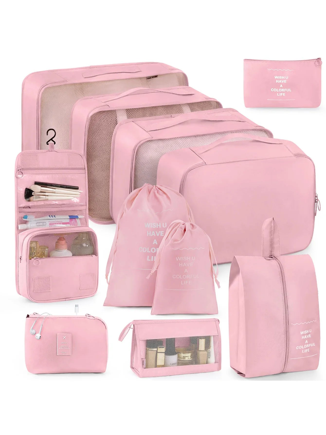 11-Piece Portable Travel Storage Bag Set - Easily Organize Your Clothes, Shoes, and Underwear - Perfect for Daily Travel, Business Trips, Home Storage, Suitable for Luggage and Suitcases, Travel Storage Bags with Slogan Patte