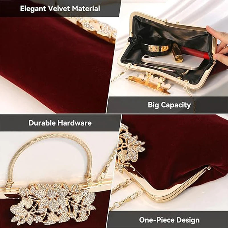 Women Rhinestone Evening Clutch Bags Sparkling Crystal Diamond Party Handbag Purse Vintage Velvet Wedding Cocktail Shoulder Bag