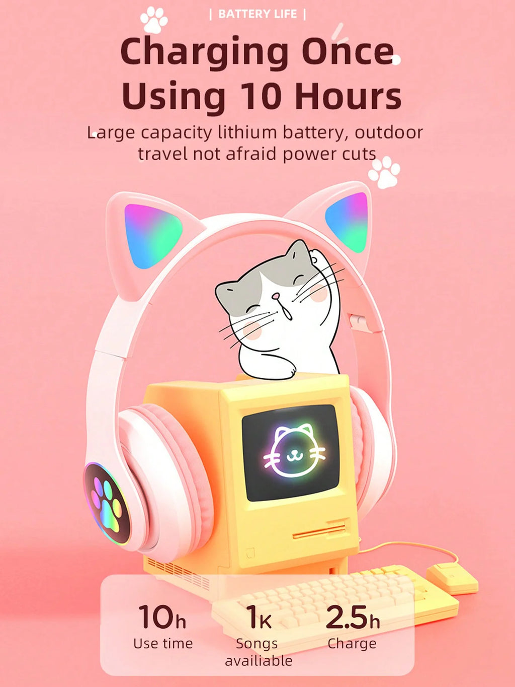 Wireless headphones, Jerry 5.0, long life, high sound quality, cat ears, listening to music/gaming wireless headphones