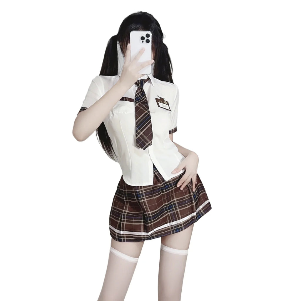 New British College Style Student Campus Color Play Uniform Temptation Summer Short Skirt with Pleated Skirt Checkered Set