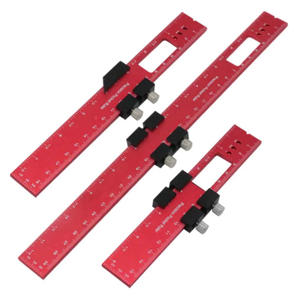 Woodworking Precision Pocket Ruler Slide Rule Inch and Metric T-Type Scribing Ruler Square Layout Tool With T-Track Slide Stops