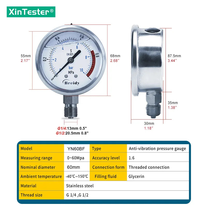 Xin Tester 0-60mpa Anti-vibration Pressure Gauge Radial/Axial Air Hydraulic Water Stainless Steel Oil Manometer Thread G1/4 G1/2