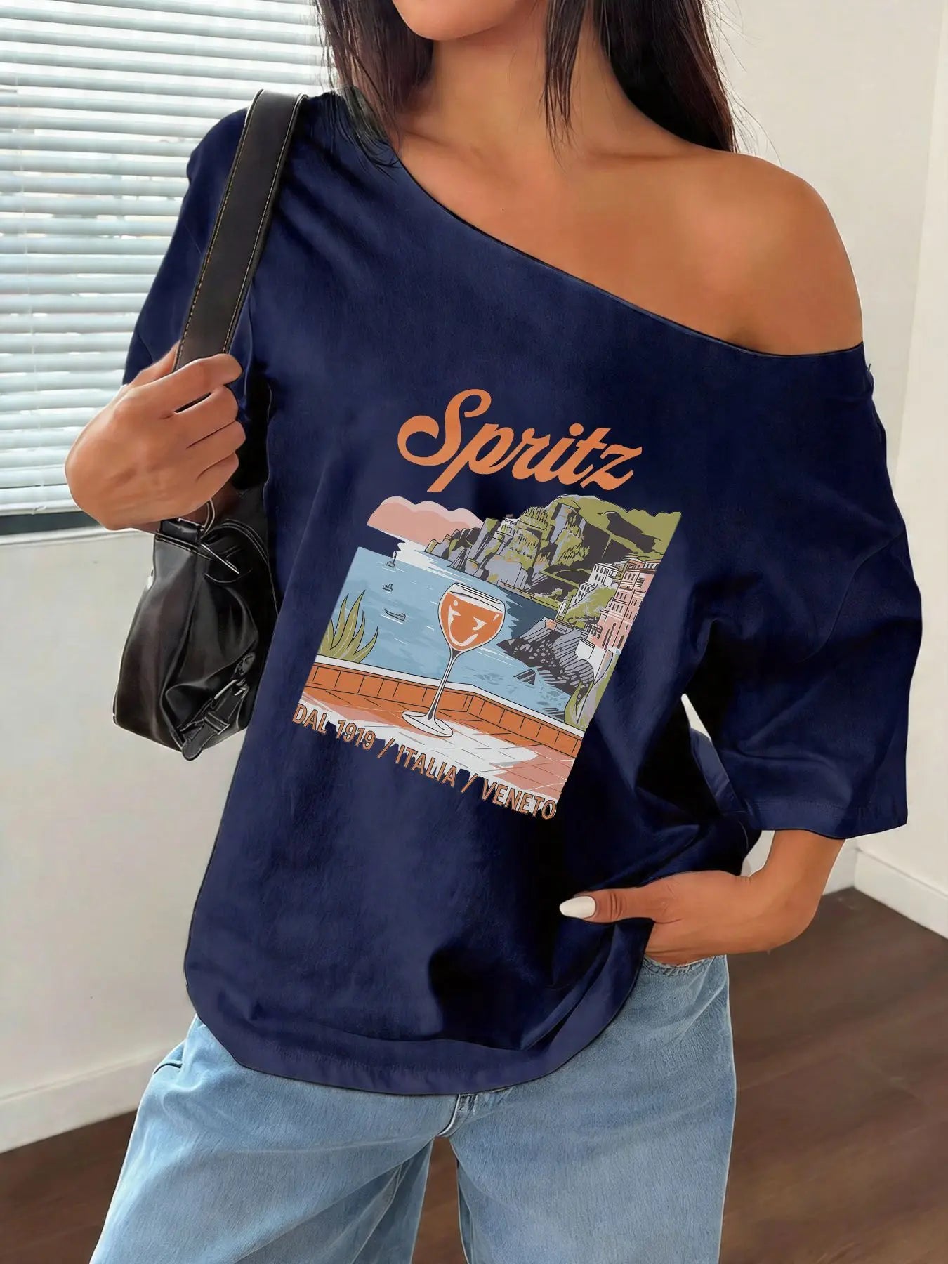 100% Cotton Plus Size Italian Spritz Travel Scenery Print Shoulder Loose Print T-Shirt Oversized Y2K Style Graphic Tees Women