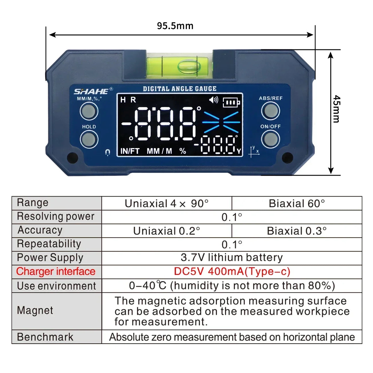 SHAHE Dual Axis Digital Protractor Inclinometer Rechargeable Digital Angle Finder Level Box With Optional Wireless Transmission