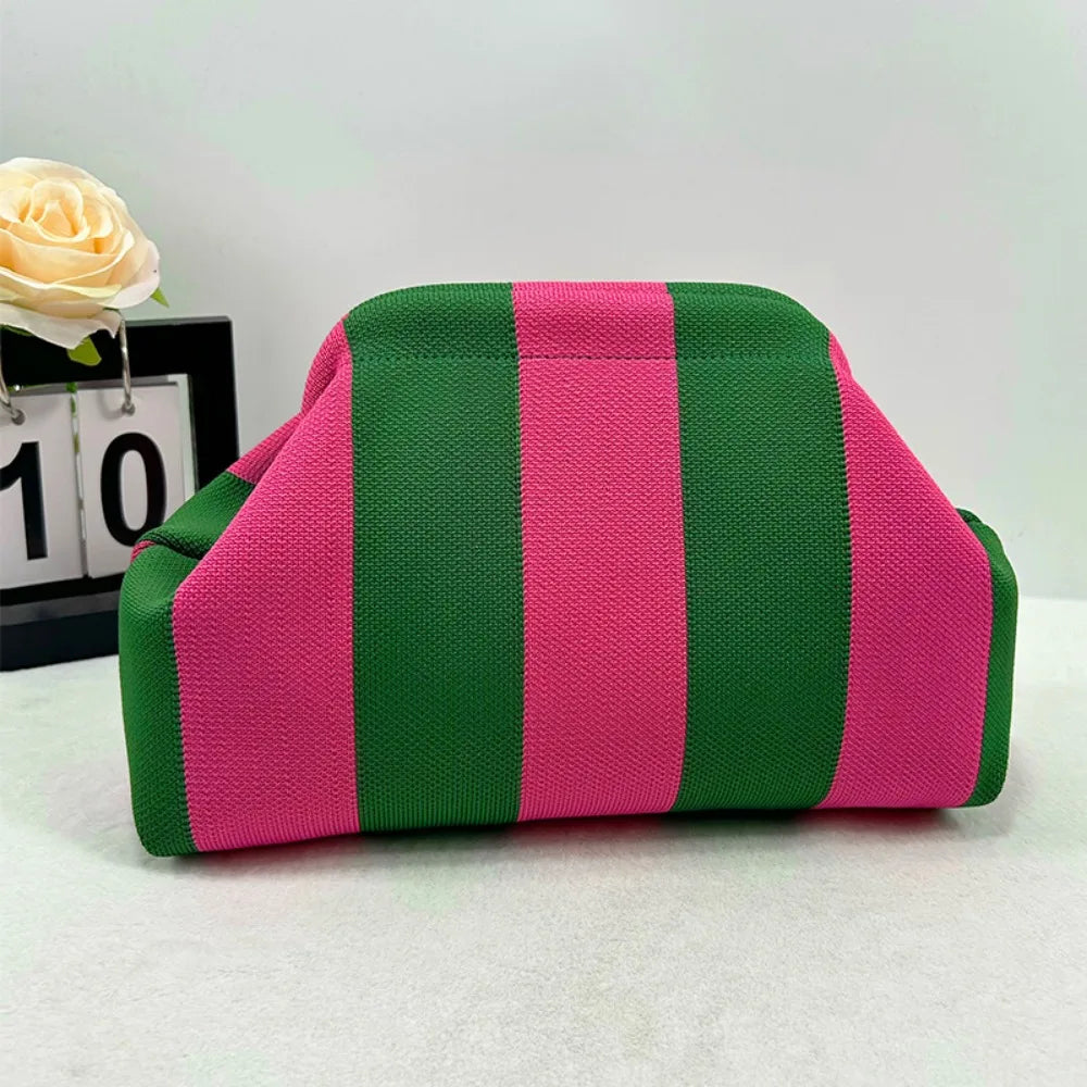 Knitted striped handbag dinner work beach large capacity daily versatile color contrast commuter clip bag women