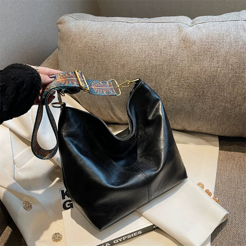 Women Vintage PU Leather Shoulder Bag Large Capacity Hobo Tote Wide Strap Casual Crossbody Purse Daily Handbag Quality