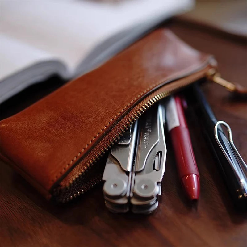 Simple leather pencil bag men and women large capacity high school students stationery bag makeup brush sub pen bag