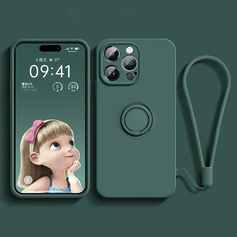 Liquid Silicone Case For iPhone 16 16e 15 13 Mini 14 12 11 Pro Max Plus Phone Holder Ring Stand Protect Cover With Wrist Strap