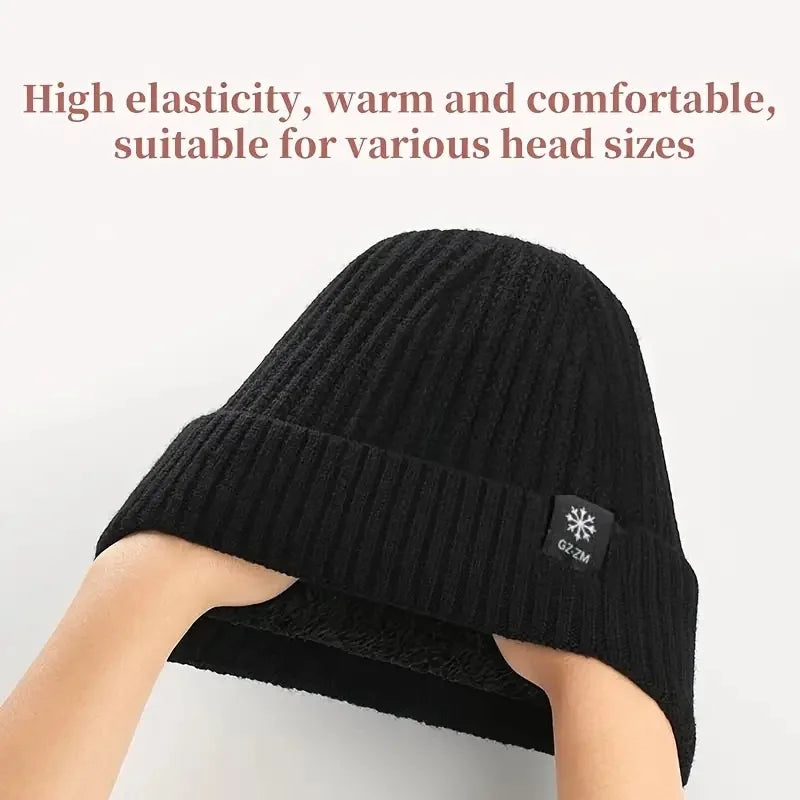 Men's Winter Thermal Faux Fur Lined Beanie with Ear Flaps, Thicken Knitted Cap for Windproof Skiing, Hiking, Cycling Bomber Hats
