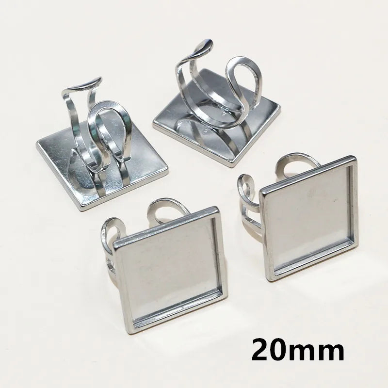 5pcs Stainless Steel Square Rectangle Thick Adjustable Ring Blank Base Settings ,Fit 12/20/25mm Cabochons DIY Rings Bezel Tray