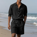 Men's Loose Trendy Linen Two-Piece Set: Shirt and Drawstring Shorts, Lightweight Summer Beach Casual Sports Outfit