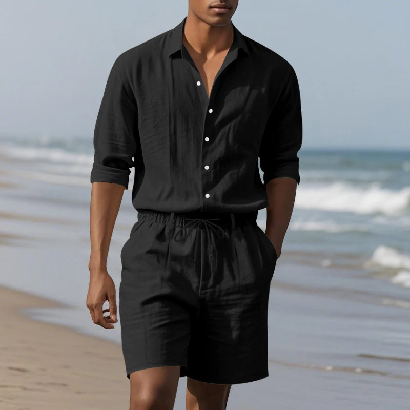 Men's Loose Trendy Linen Two-Piece Set: Shirt and Drawstring Shorts, Lightweight Summer Beach Casual Sports Outfit