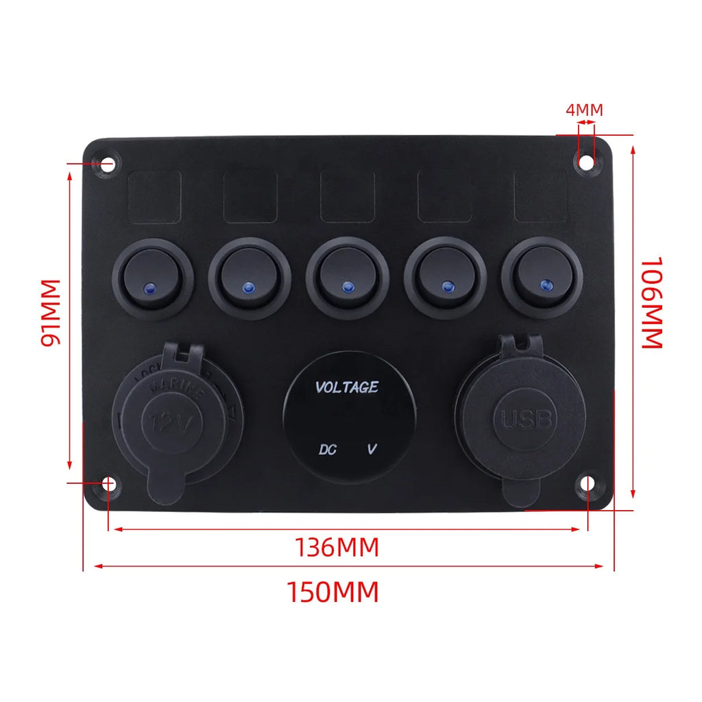 5-Gang Cat Eye Blue LED Switch Panel for Yacht & RV, Marine Boat Switch with USB & Cigarette Lighter