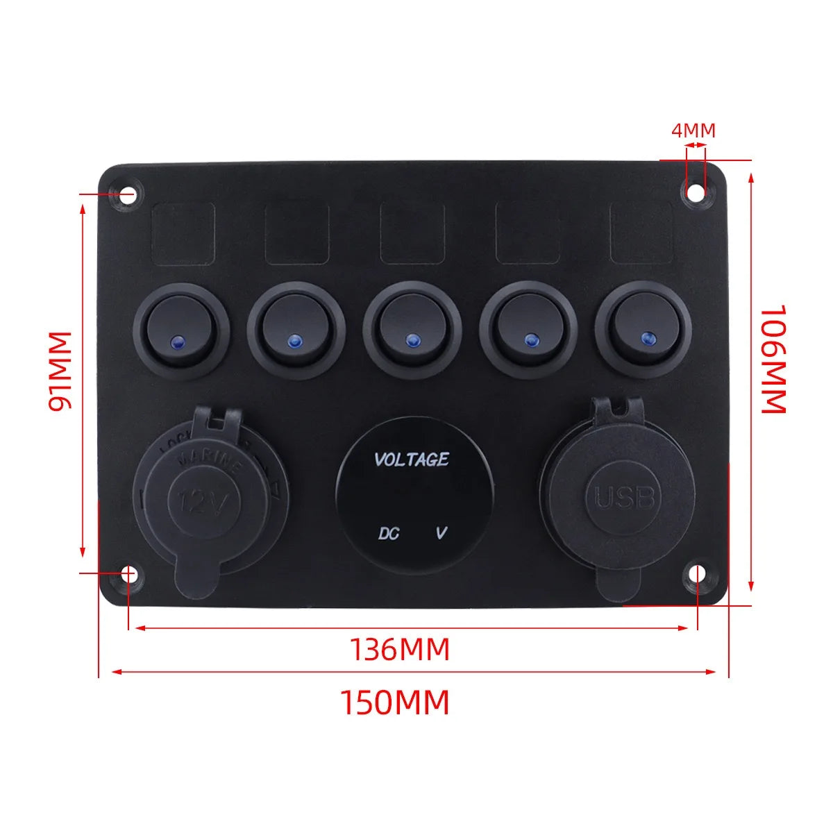 5-Gang Cat Eye Blue LED Switch Panel for Yacht & RV, Marine Boat Switch with USB & Cigarette Lighter