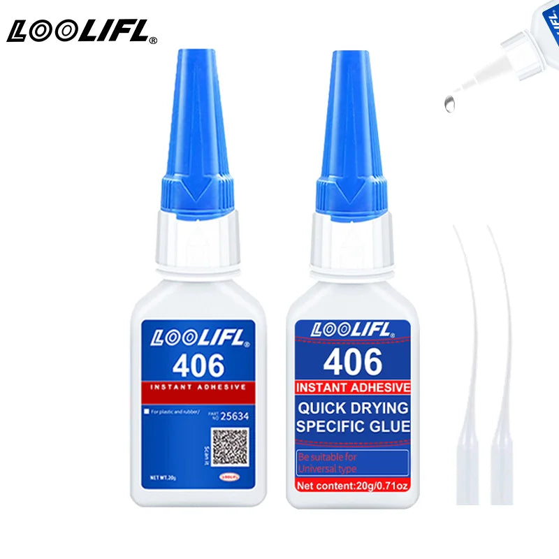 Brand-new upgraded 406 super cyanoacrylate glue, instant drying in 5 seconds, waterproof, stable and versatile bonding tool.