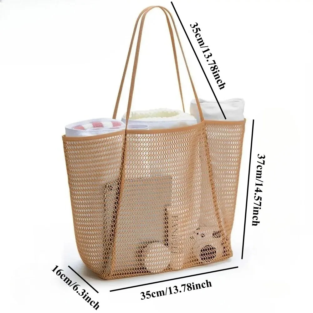 1pcs Foldable Beach Bag with Mesh Net, Women's Shoulder Bag, Essential for Outdoor Travel and Leisure Activities