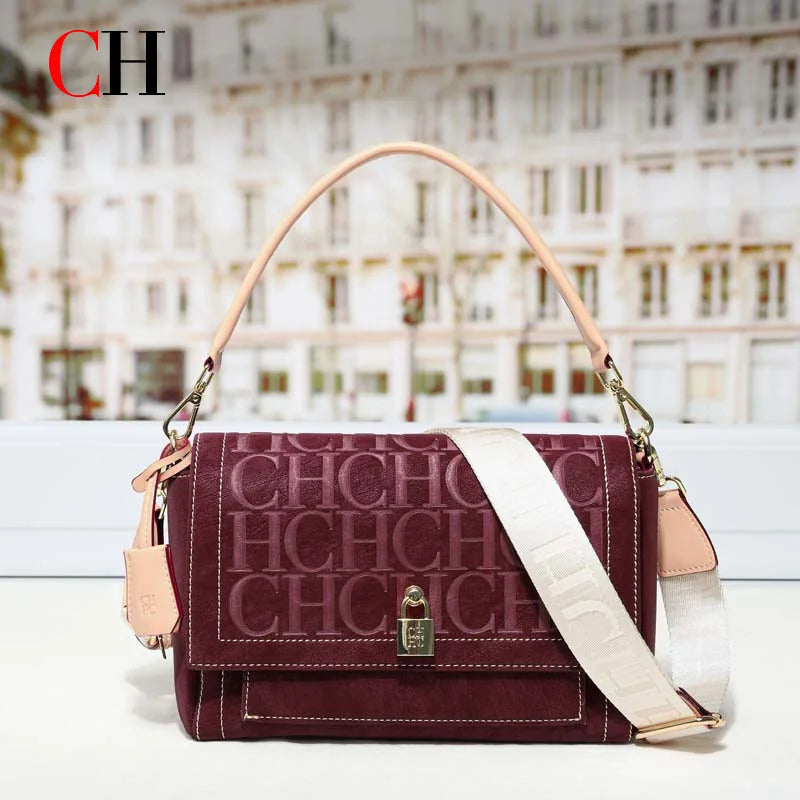 CH Embossed Flap Crossbody Bag Women 2 Detachable Straps Wide Shoulder Strap Designer Lock Leather Messenger Handbag