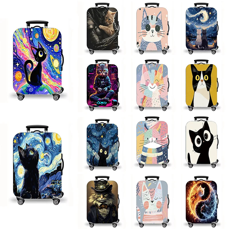 Luggage Cover, Starry Night Cat Cartoon Fantasy Print Stretch Suitcase Protector, Washable Anti-Scratch Travel Baggage Cover
