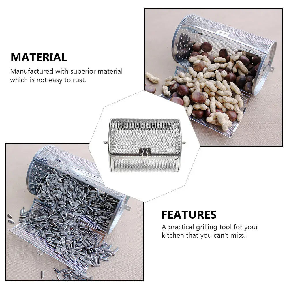 Stainless Steel Rotating Grilling Cage Rolling Bbq Basket Kitchen Roasting Tool Nut Baking Basket Rust Resistant Universal Grill