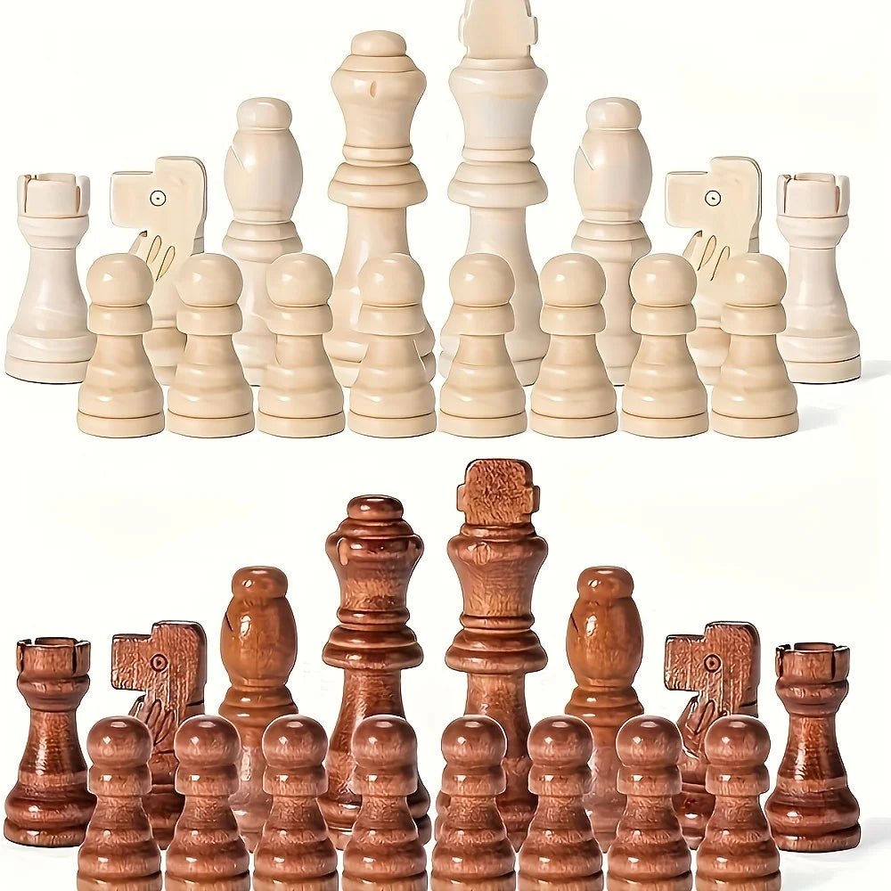 Premium 32pcs Large Wooden Chess Set - Smooth Finish, Classic Design, for Board Games & Tabletop Fun- Beige & Dark Brown