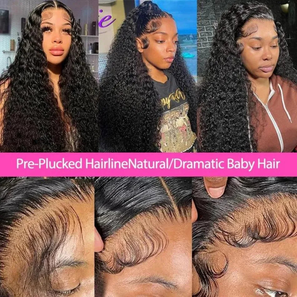 13X6 Hd Lace Frontal Wig Curly Deep Wave Human Hair Wigs 40 Inch Lace Front Wigs Brazilian Natural Black 230 Density Pre Plucked