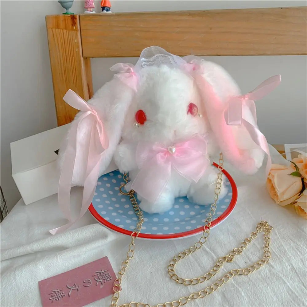 New Cute Bunny Plush Bag Lolita Shoulder Bag Kawaii Princess Sweet Pearl Chain Crossbody Bags Long-eared Rabbit Purse