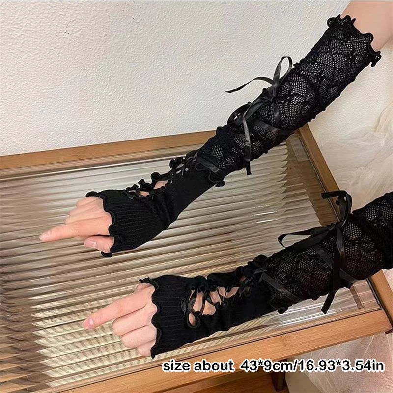 Women Strapping Lace Fingerless Hot Sexy Arm Sleeves DIY Lace-up Sunscreen Gloves Elastic Mesh Punk Gloves Mountaineering Gloves