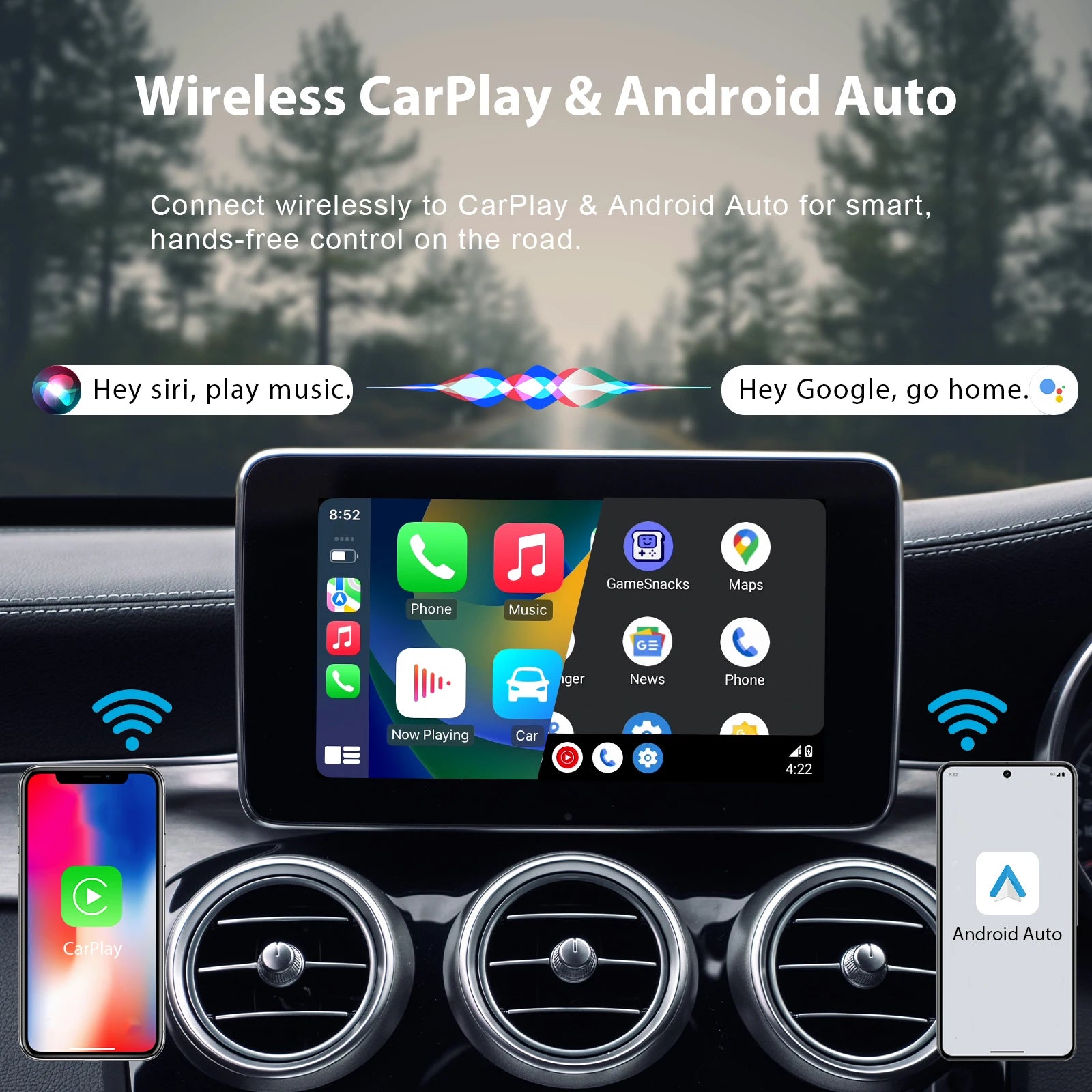Wireless CarPlay Adapter – Android Auto AI Box SW12 Lite with Netflix, YouTube, Hulu, App, Dual-Band WiFi 6, Bluetooth, HDMI