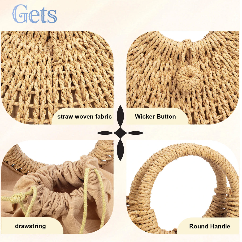 Large Capacity Summer Handmade Straw Weave Bags For Women Half-Round Rattan Woven Beach Bag Ladies Beach Wrapped Handbags Totes
