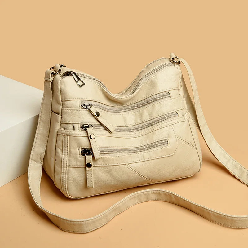 Washed Soft Leather Crossbody Bag for Women Double Layer Large Capacity Shoulder Box Bag Elegant Everyday Purse