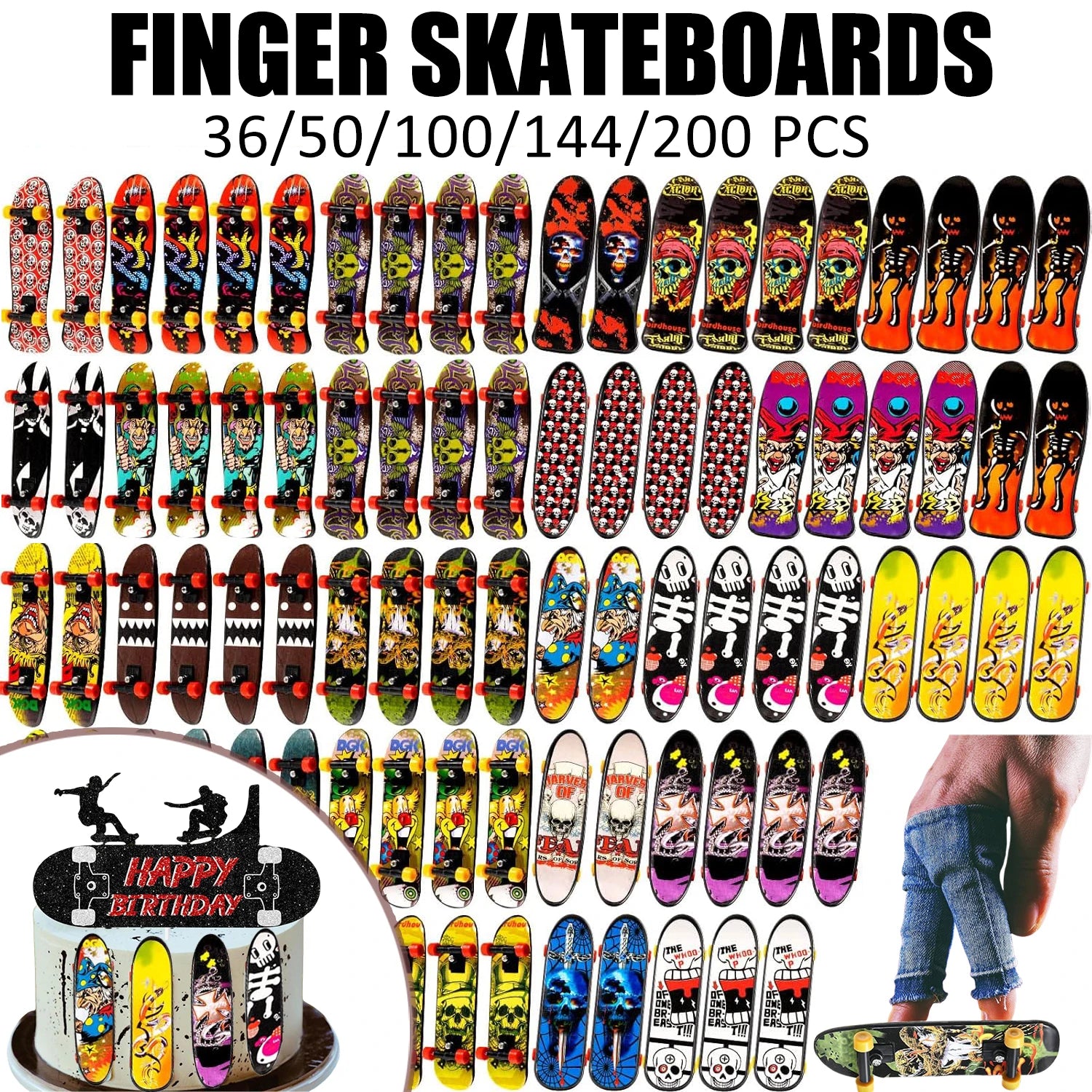 36-160Pcs Fingerboard Finger Mini Skateboard Toy Finger Boards Set with Double Sided Pattern Creative Novelty Finger Toys