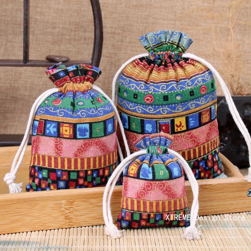 1PC Ethnic Style Cotton Linen Drawstring Pocket Bag Buddhist Beads Storage Bag Jewelry Coin Purse Bag Small Things Sorting Bags