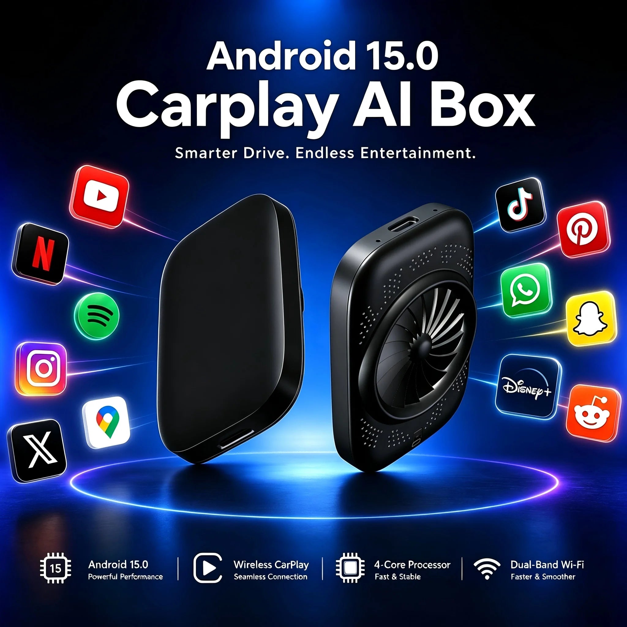 Android 15 CarPlay AI Box Wired to Wireless CarPlay & Android Auto Netflix & YouTube Compatible with Volkswagen VW Kia Toyota