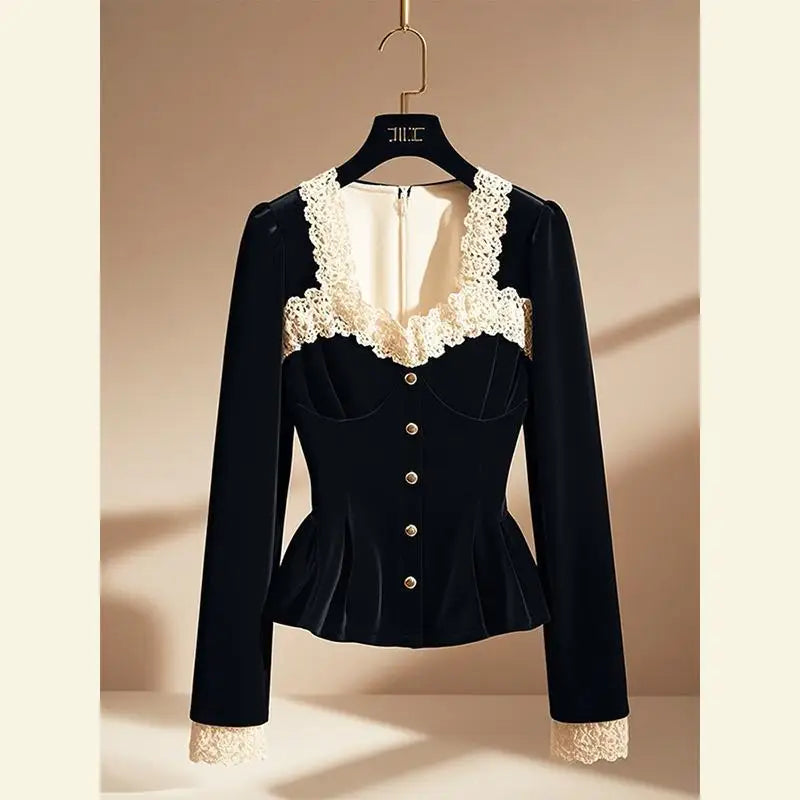 Vintage Luxury Lace Long sleeve Velvet Top Women Elegant Ladies Sequin Tunic Shirt Female Office Party Wear Top 2024 Korean New