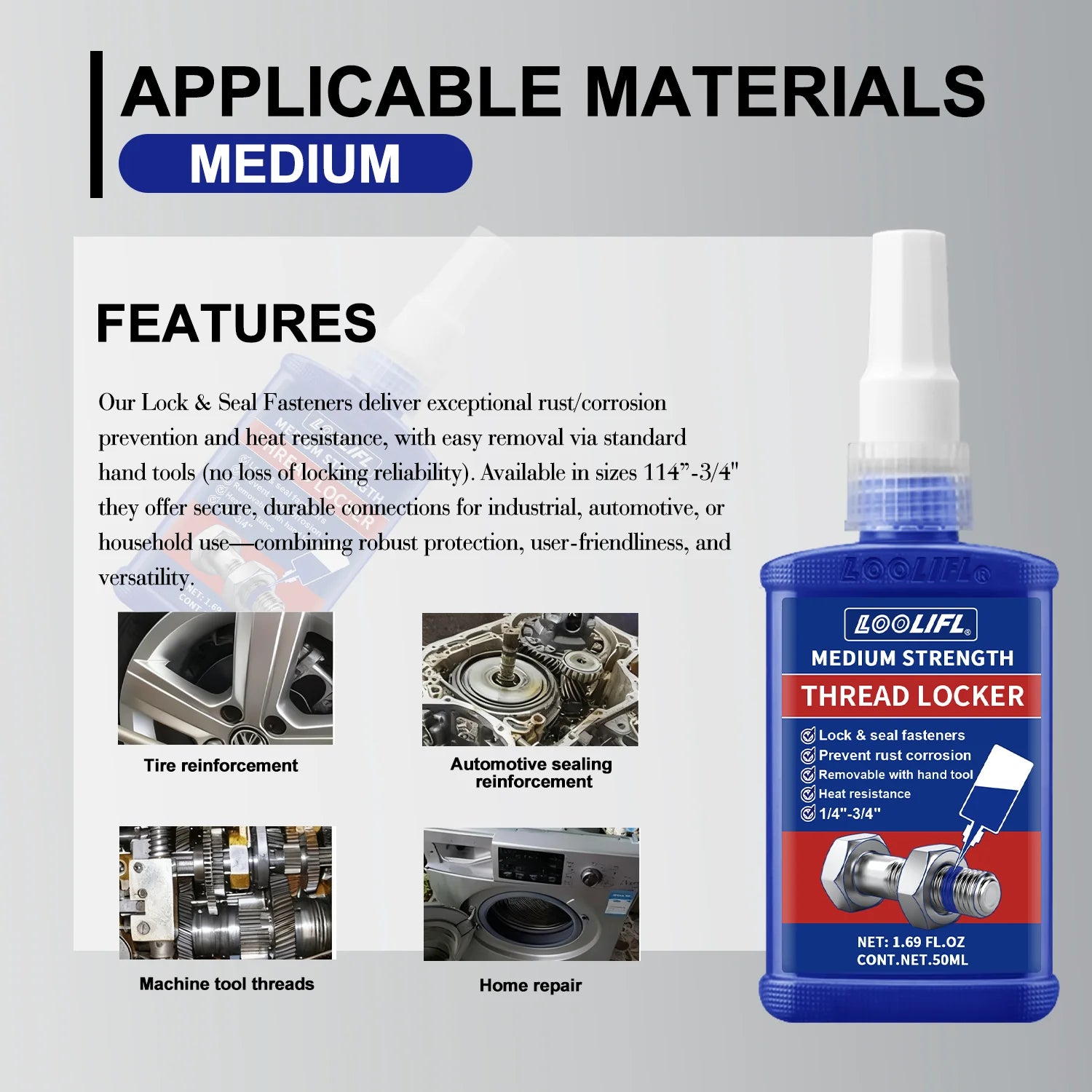 LOOLIFL Blue Thread Locker 243 Nuts-Bolts Locker, Screw Adhesive Lock Tight Seal Fasteners Anaerobic Curing Metal Glue,Rustproof