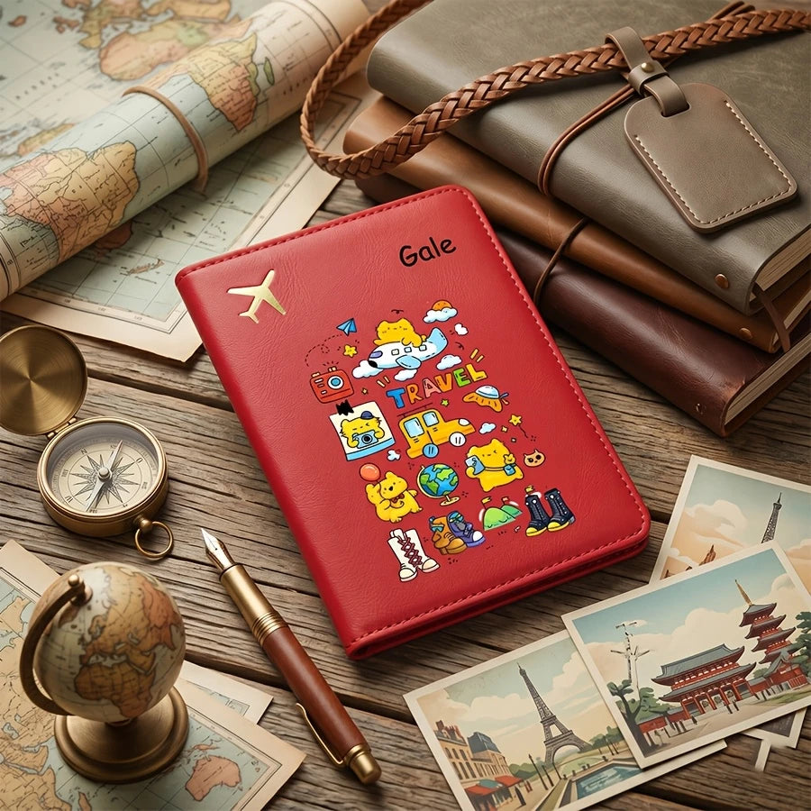 Personalized Name Text Passport Holder, Cute Cartoon Passport Case, Passport Cover And Document Organizer, Travel Ticket Holder