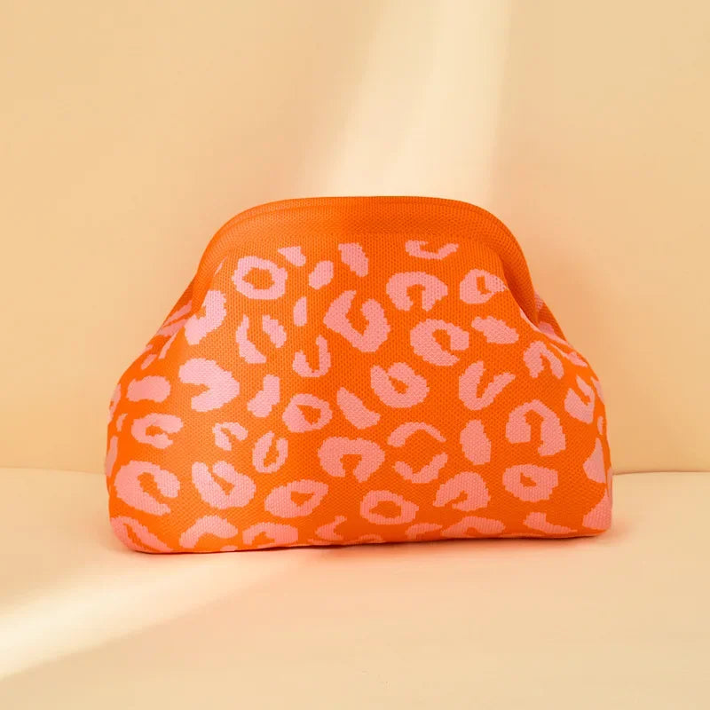 Leopard Print Knitted Clutch Bag Large Capacity Foldable Cloud Ruched Block Grid Clip Bag for Women Beach Crossbody Handbag