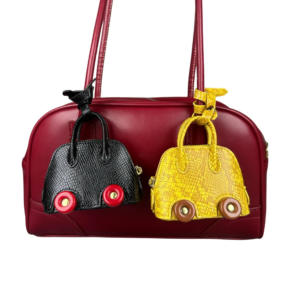 Leather Snake-Embossed Mini Bag-Earphones & Lipstick Pouch with Contrast Color Wheels-PU Leather-Bag Charm-Ideal Gift For Women