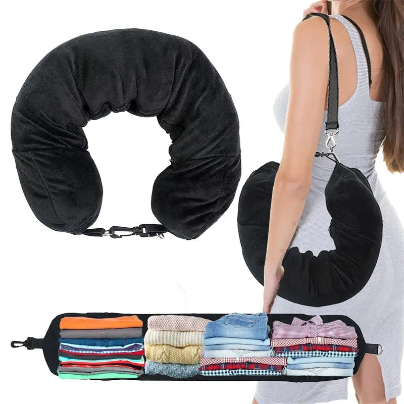 Travel Neck Pillow With Fillable Clothing U-Shaped Pillowcase, Extra Storage Bag, Velvet Neck Pillow Cover For Airplane Travel