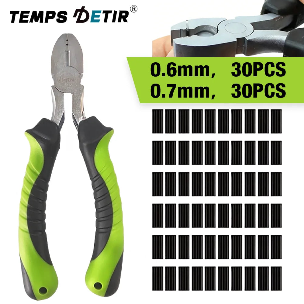 Multi-Functional Fishing Pliers, Fishing Line Crimping Pliers, Chod Hook Remover, Includes 30 0.6mm and 30 0.7mm Crimping Rings