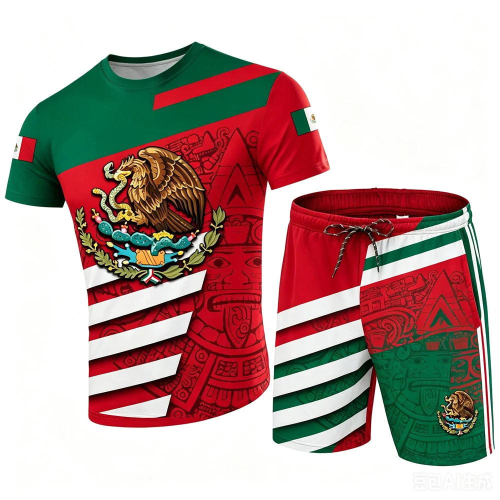 Mexico National Flag Pattern Men's Sets Fashion 3D Eagle Printing Short Sleeve Tees and Shorts 2 Piece Casual Loose Summer Suits