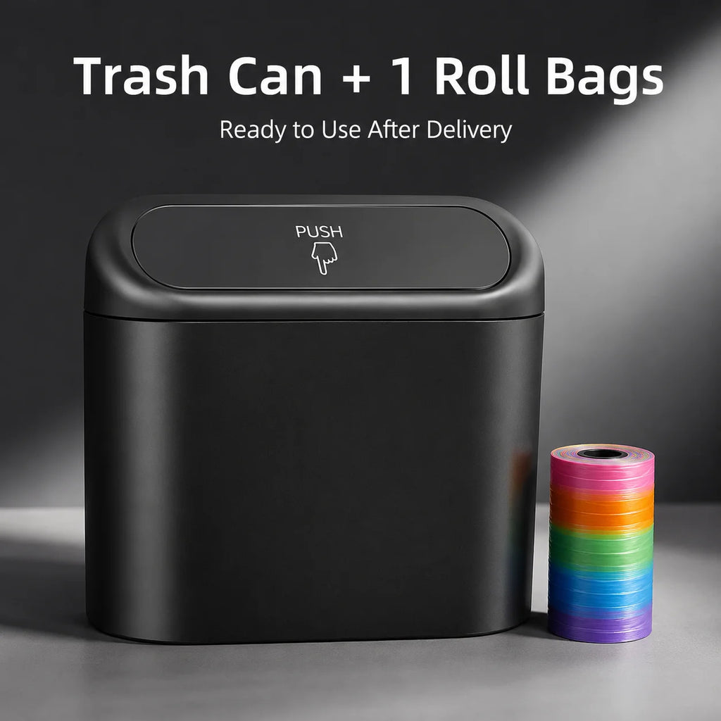 Universal Car Trash Can Organizer Waterproof Clip-On Garbage Bin with Push Lid Bag Roll for BMW Audi Mercedes Benz VW Porsche