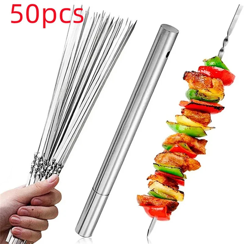 10/50Pcs Stainless Steel Barbecue Skewer Reusable BBQ Skewers Kebab Iron Stick For Outdoor Camping Picnic Tools Cooking Tools