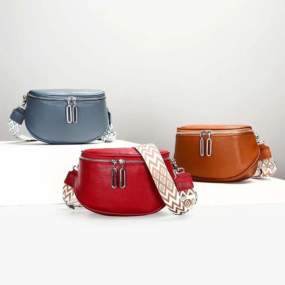 Bum Bag Leather Crossbody Bag Cowhide Texture Double Zippers Saddle Bag Jacquard Strap Solid Color Chest Pack Outdoor Travel