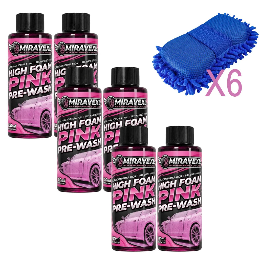 MIRAVEXL High Foam Pink Pre-Wash 100ml Car Care Set, Deep Cleansing Foam Solution, Professional Blue Microfiber Wash Mitt