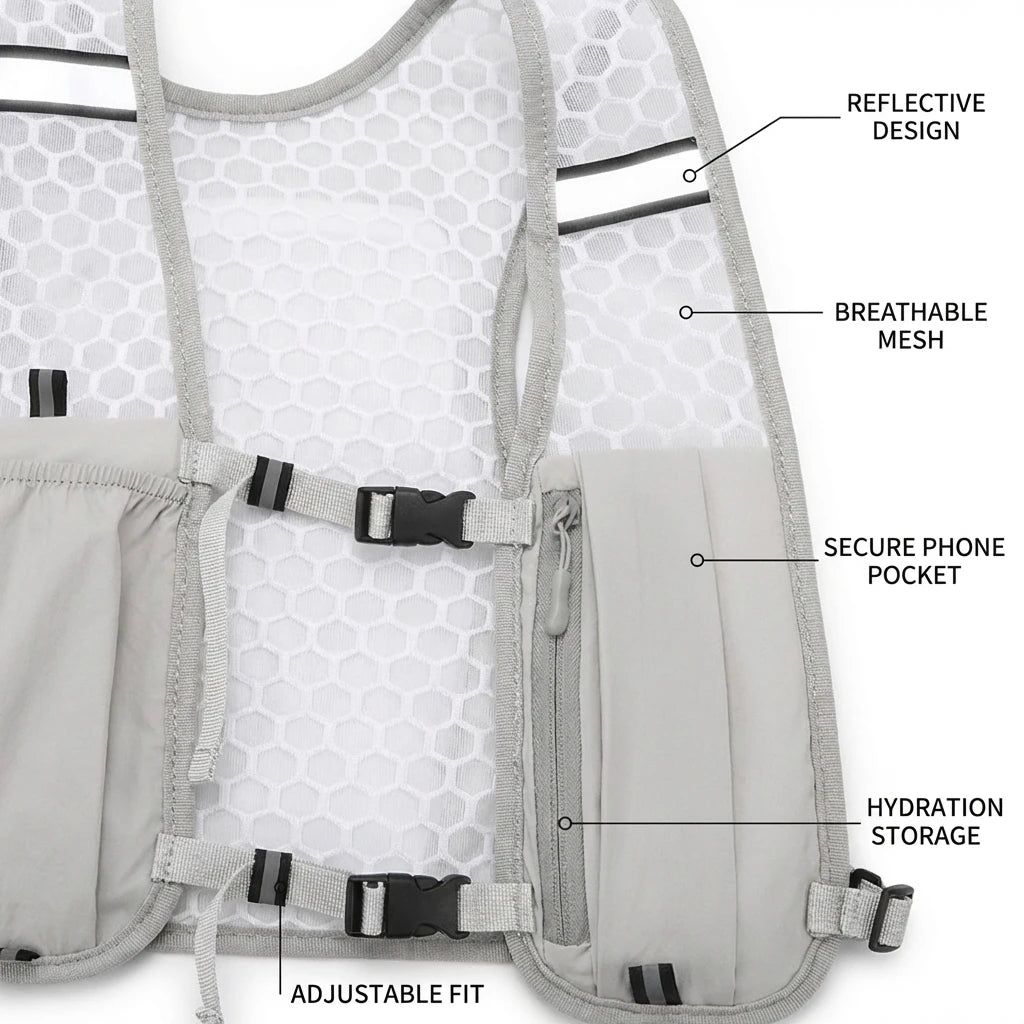 Lightweight Running Vest with Phone Holder New Reflective Hydration Water Chest Pack Storage for Sports Water Bottle