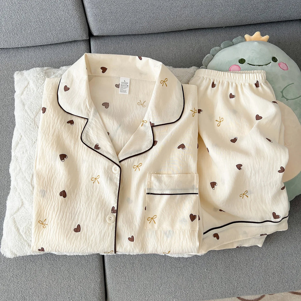 Women's Summer Thin Pajamas with Heart-Shaped Pattern, Short-Sleeved Shorts, Sweet and Cute, Can Be Worn Outside in Summer, Two-Piece Home Wear Set